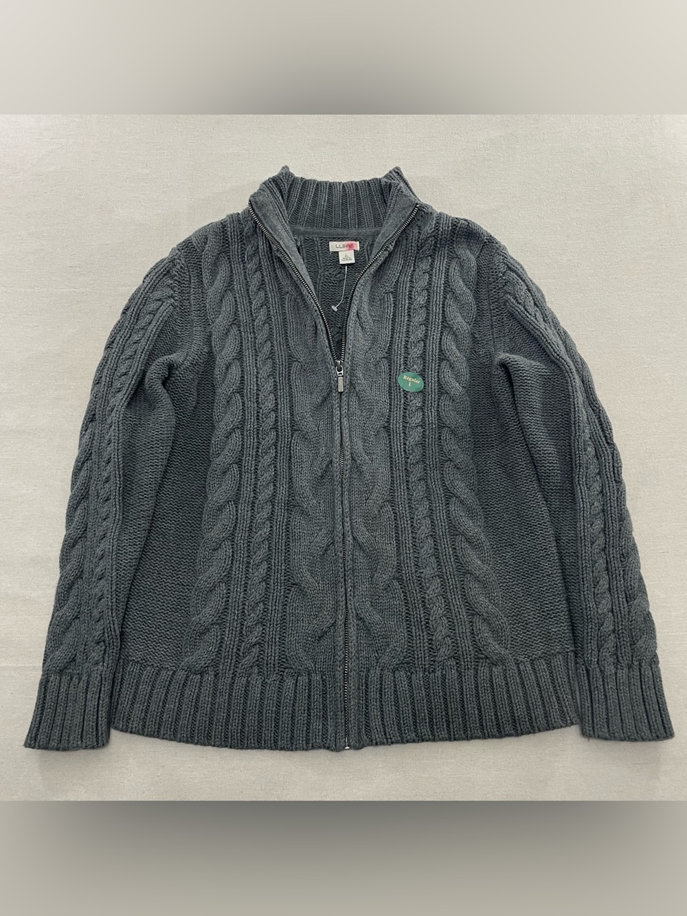 LL Bean Cardigan Large Gray Double L Cable Knit Zip Outdoor Comfort Cabin Core